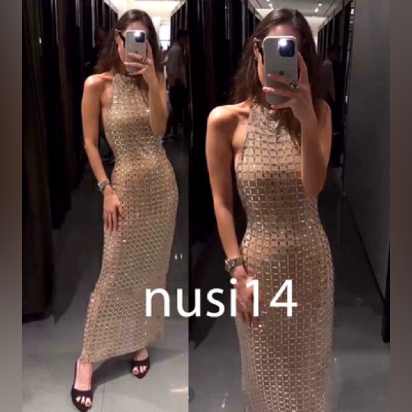 Zara sparkly mesh embellished studded halter long dress with back slit sz.S - Picture 3 of 16